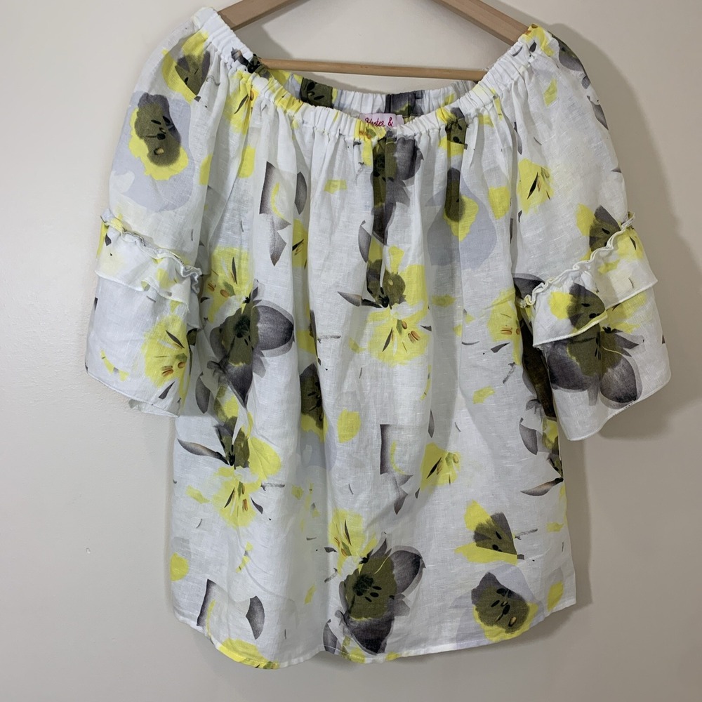 Hester & Orchard Top Womens Medium White Floral Off Shoulder Ruffle Linen Fairy